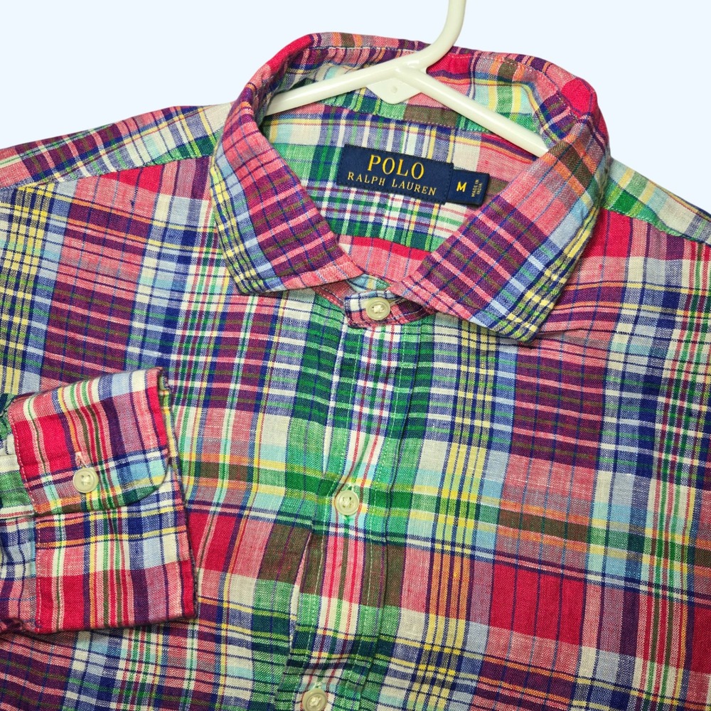 Polo Ralph Lauren Multi Color Plaid 100% Linen Button Up Shirt Mens Medium
